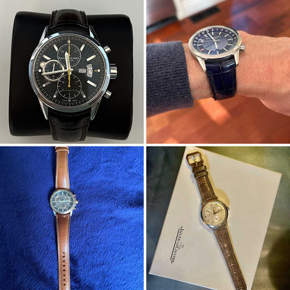 Four customer examples of custom curved-end leather watch straps in black, navy, tan and brown, fitted to different watches.
