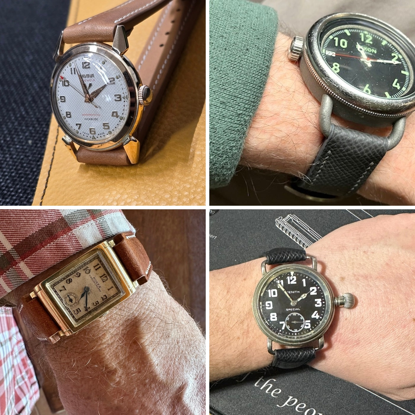 Four customer examples of custom open-ended leather watch straps in tan, grey, brown and black fitted to fixed-bar and vintage watches.