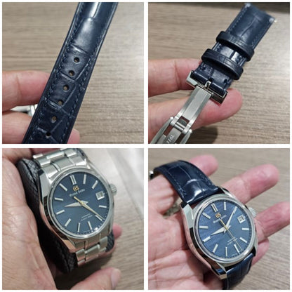Four customer views of a dark blue crocodile leather watch strap for a Grand Seiko, including buckle and fitted-watch details.