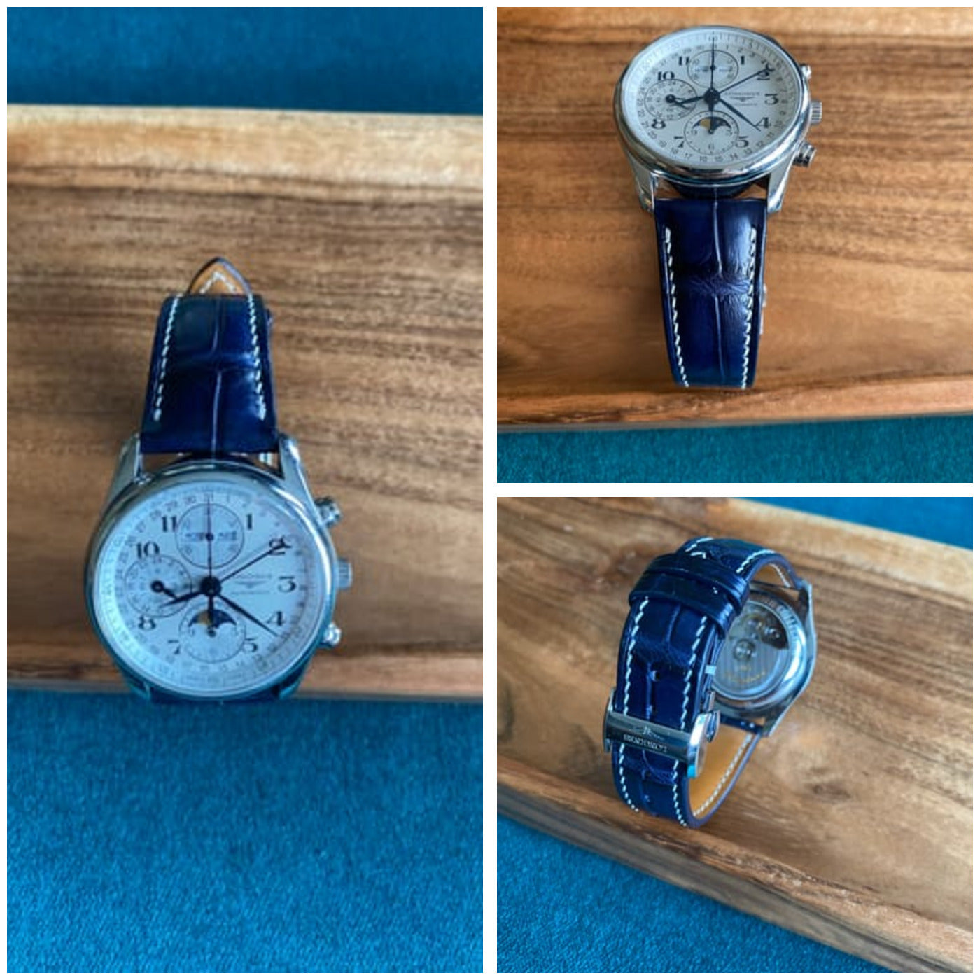 Three customer views of a dark blue crocodile leather watch strap fitted to a Longines chronograph.
