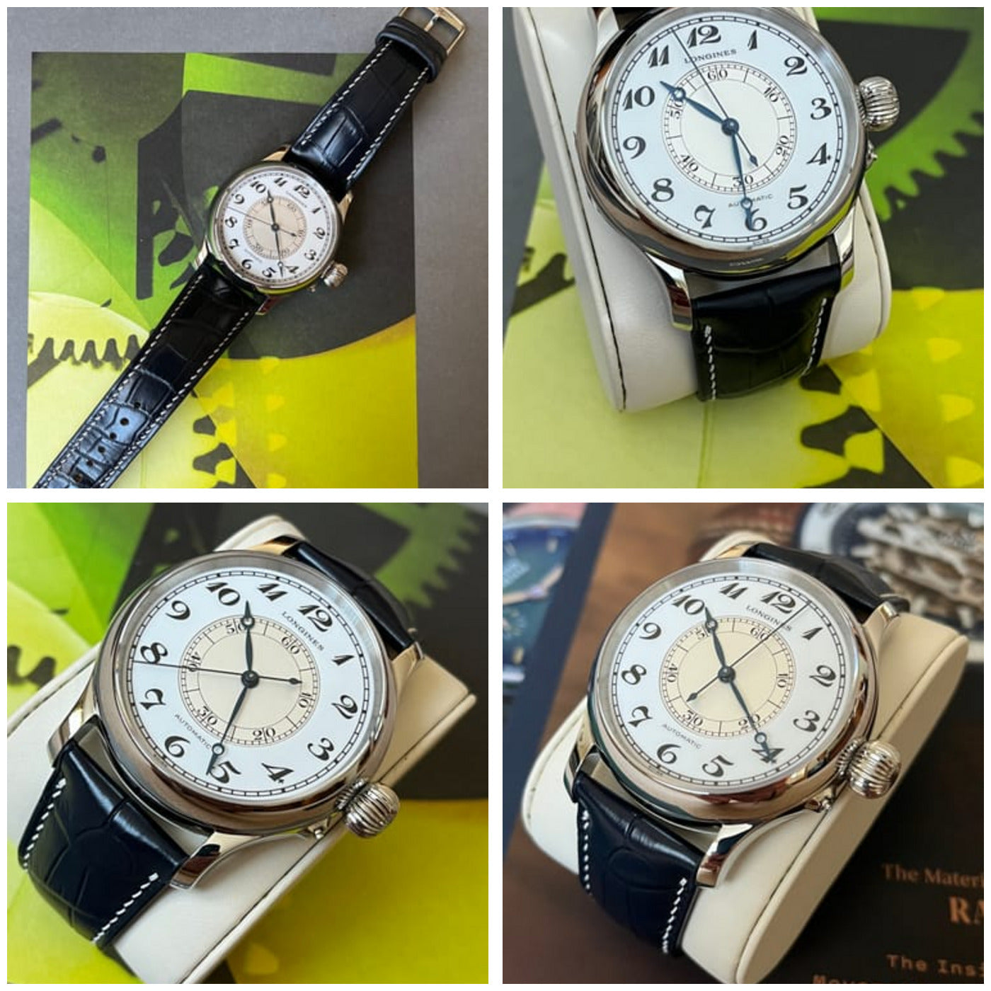 Four customer views of a dark blue crocodile leather watch strap fitted to a Longines Weems watch.