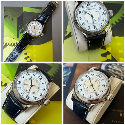 Four customer views of a dark blue crocodile leather watch strap fitted to a Longines Weems watch.