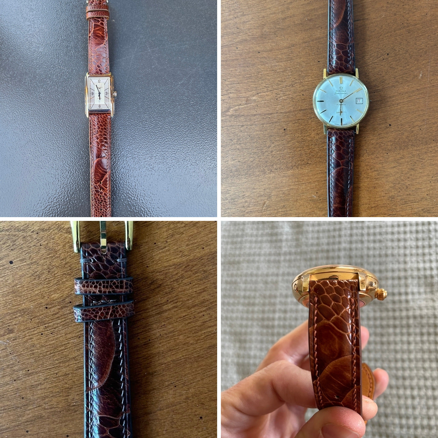 Dark brown ostrich leg leather watch straps shown full length with front, grain, keeper and buckle details on customer watches.