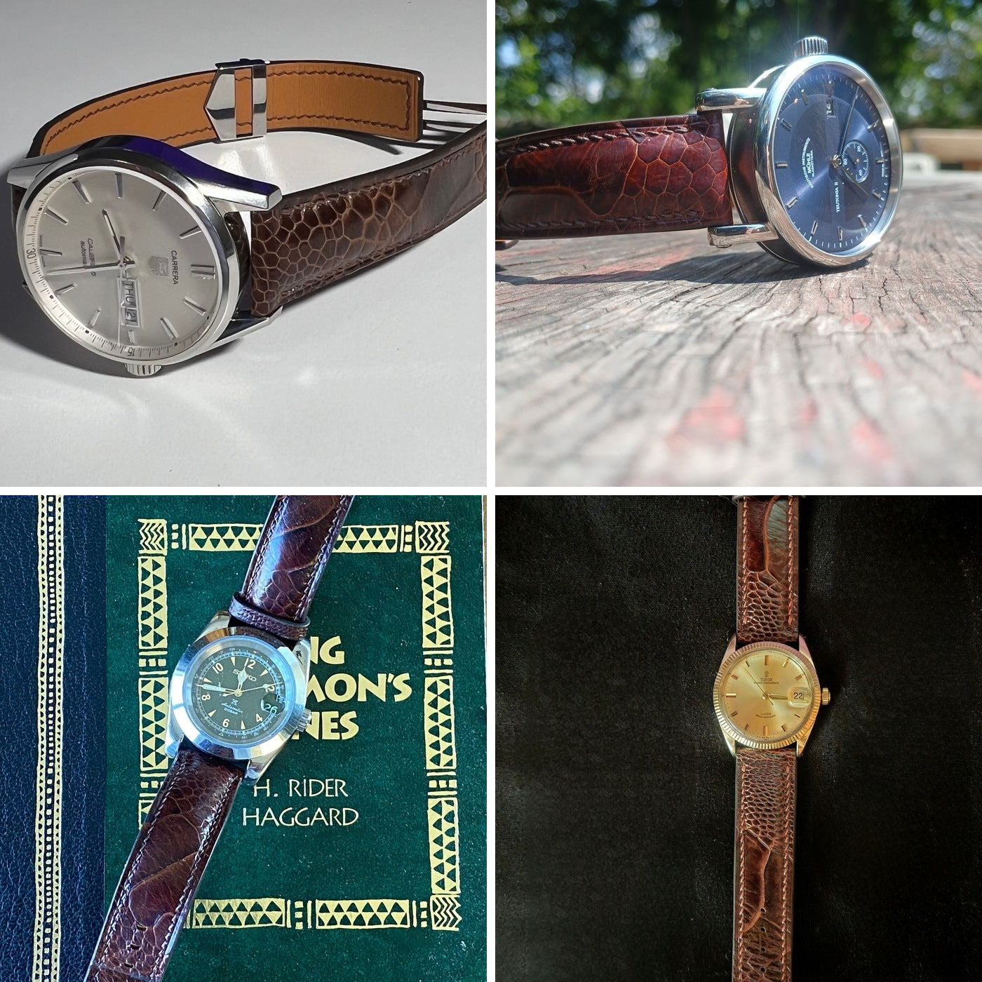 Four customer watches with dark brown ostrich leg leather straps in styled indoor and outdoor settings, showing full-strap proportions and grain.