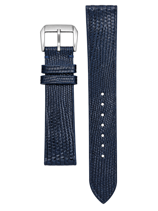 Dark navy lizard leather watch strap with matching navy stitching, two leather keepers and a silver-tone buckle, shown as two strap pieces.