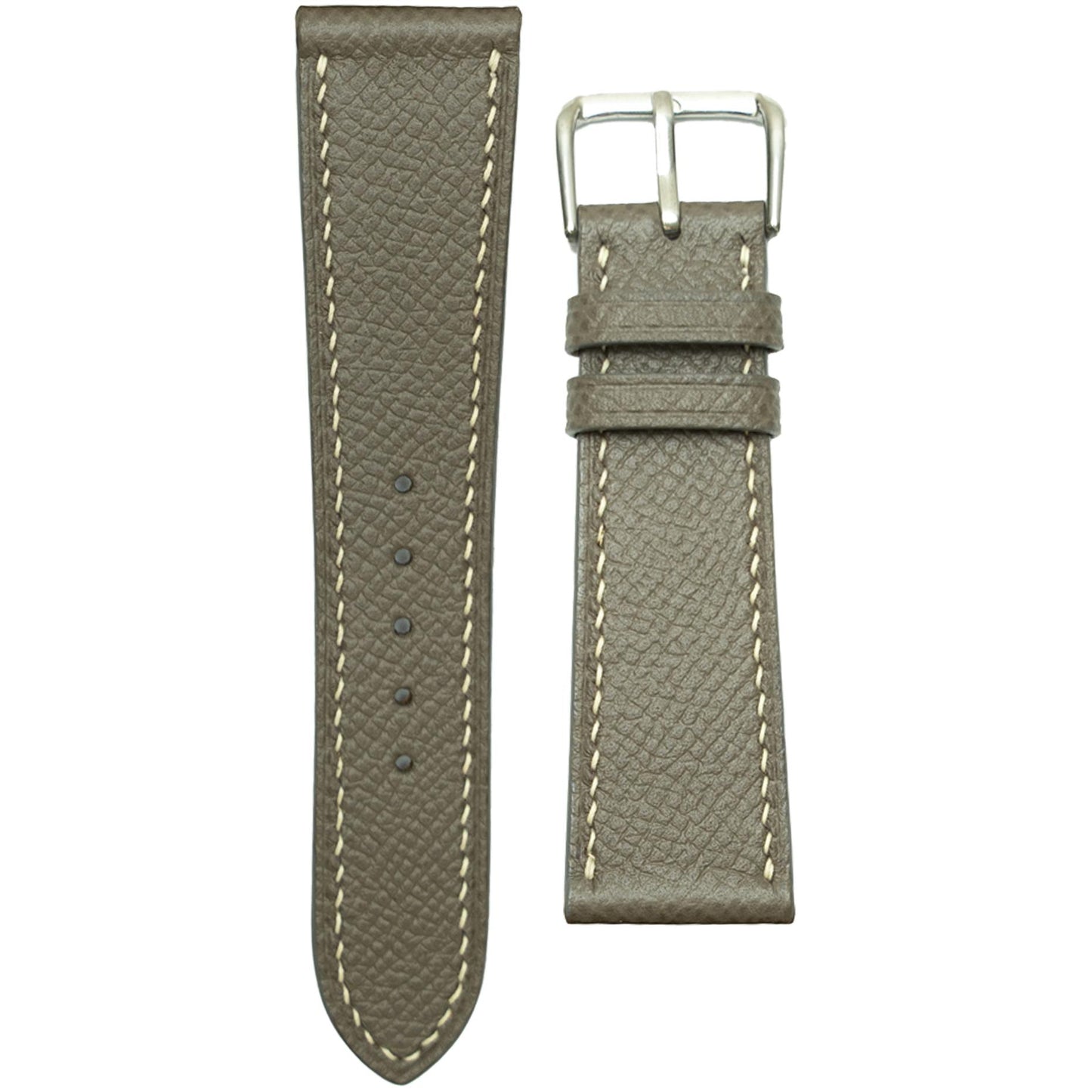 Gray Epsom leather watch strap with white stitching and silver buckle, flat lay.