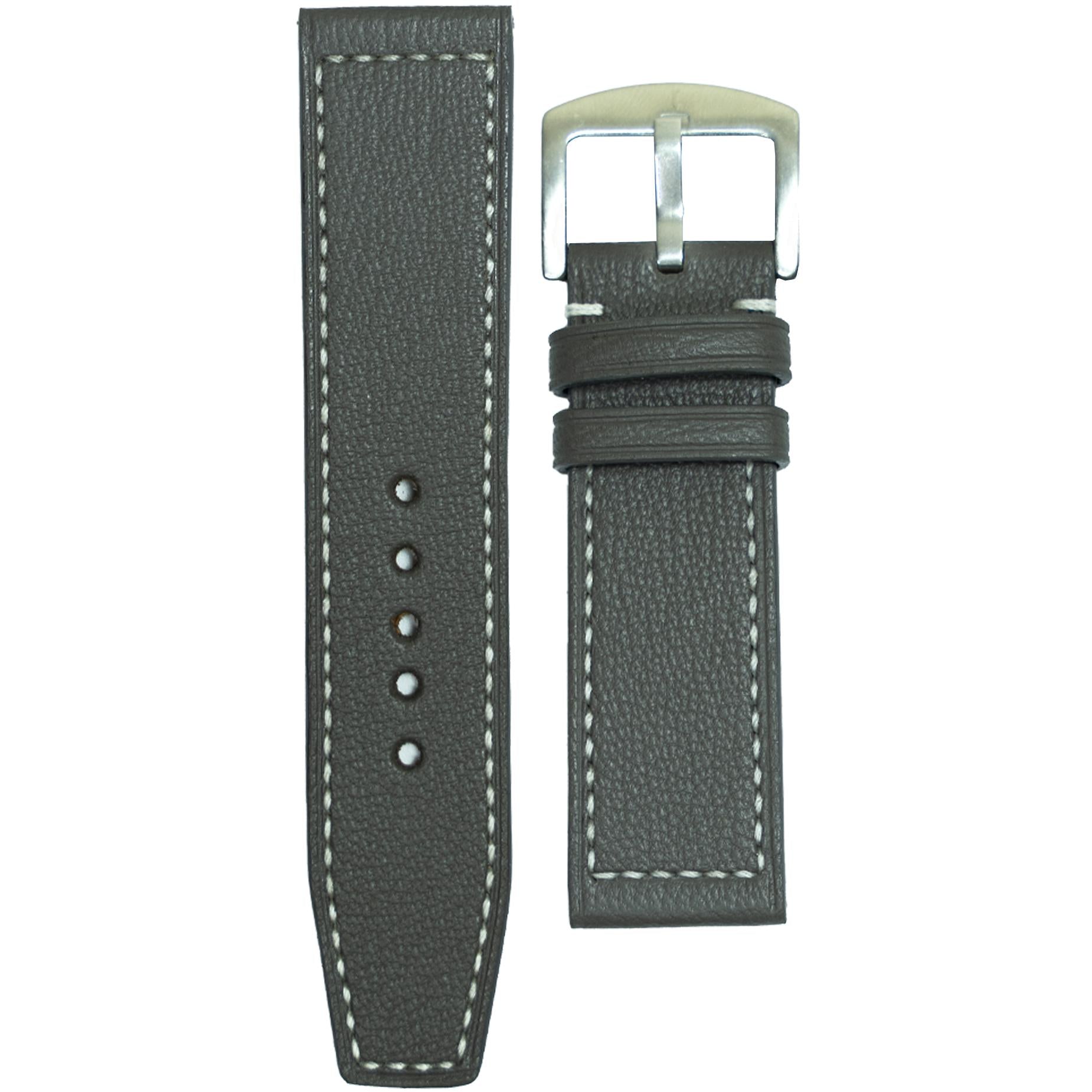Gray Alran goat leather watch strap with white stitching and a silver buckle, flat lay.