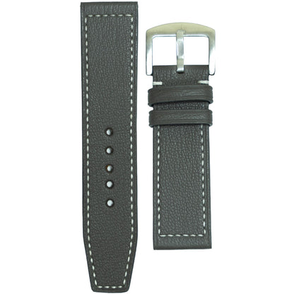Gray Alran goat leather watch strap with white stitching and a silver buckle, flat lay.