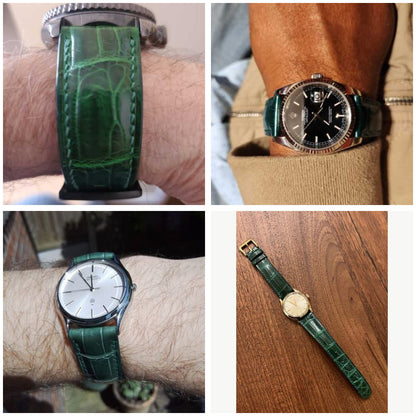 Four real customer views of green crocodile leather watch straps, showing the scale pattern, wrist fit and full strap in varied lighting.