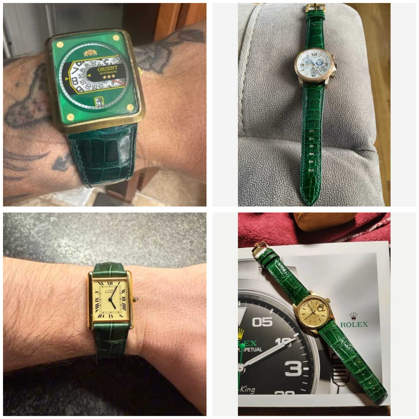 Four customers' green crocodile leather watch straps shown on wrist and as full-length flat lays in varied natural lighting.