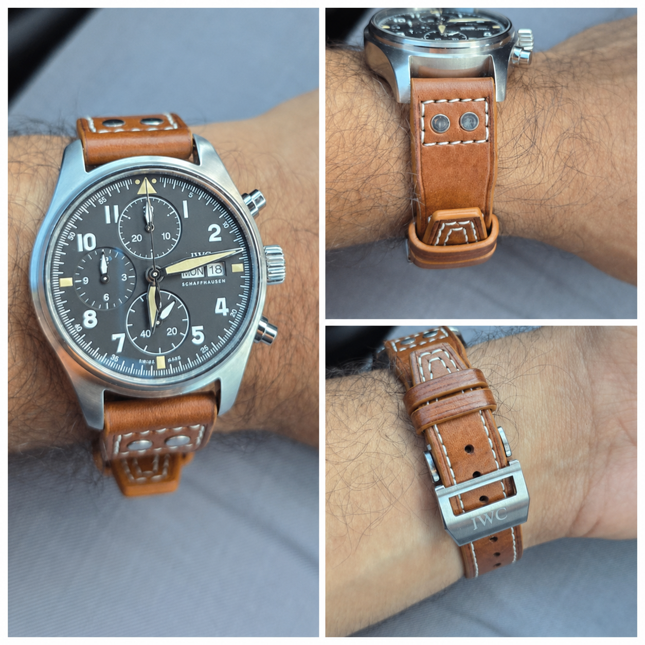 Three customer views of an IWC Pilot Chronograph fitted with a custom tan riveted leather pilot watch strap by VGreen