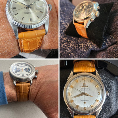 Four customer watches fitted with light brown crocodile leather straps, showing the scale pattern and case fit in real-life lighting.