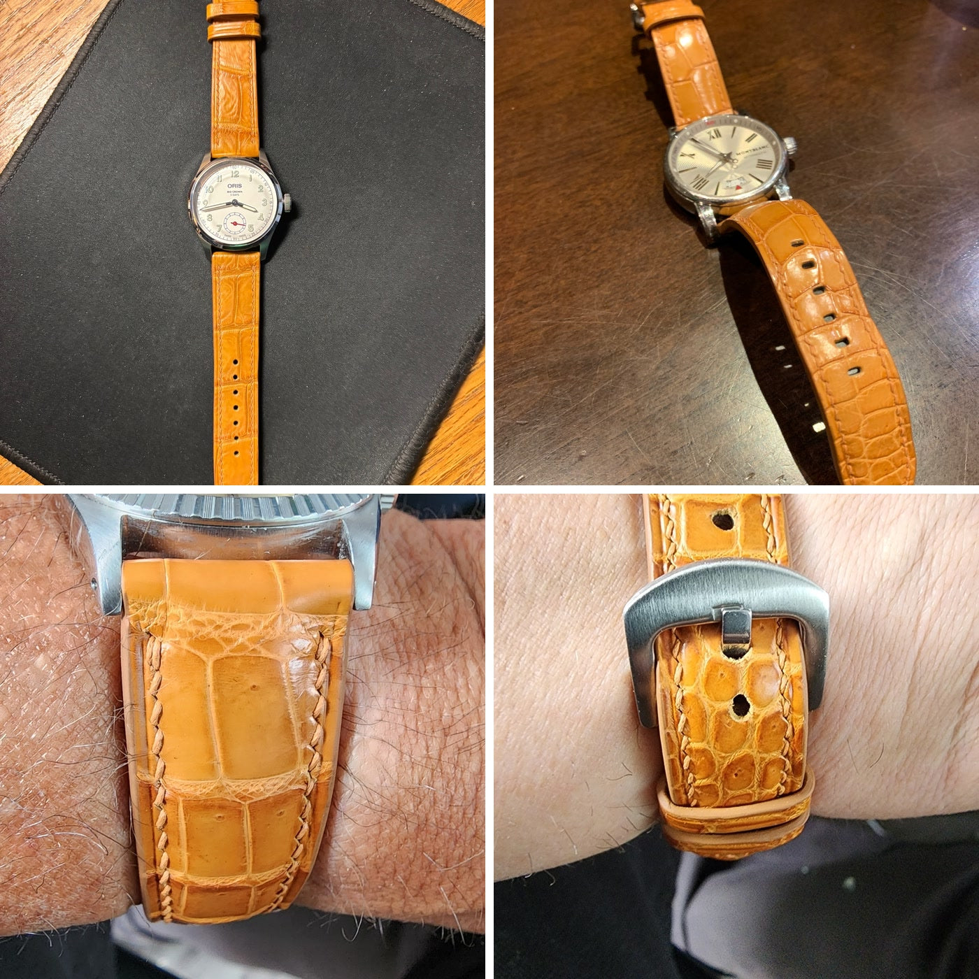 Light brown crocodile leather watch straps shown full length and fitted at the lugs and buckle, highlighting the scales and construction.