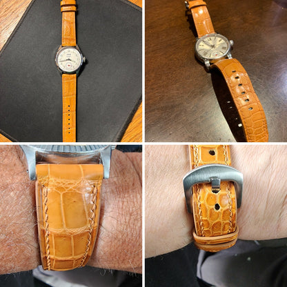 Light brown crocodile leather watch straps shown full length and fitted at the lugs and buckle, highlighting the scales and construction.