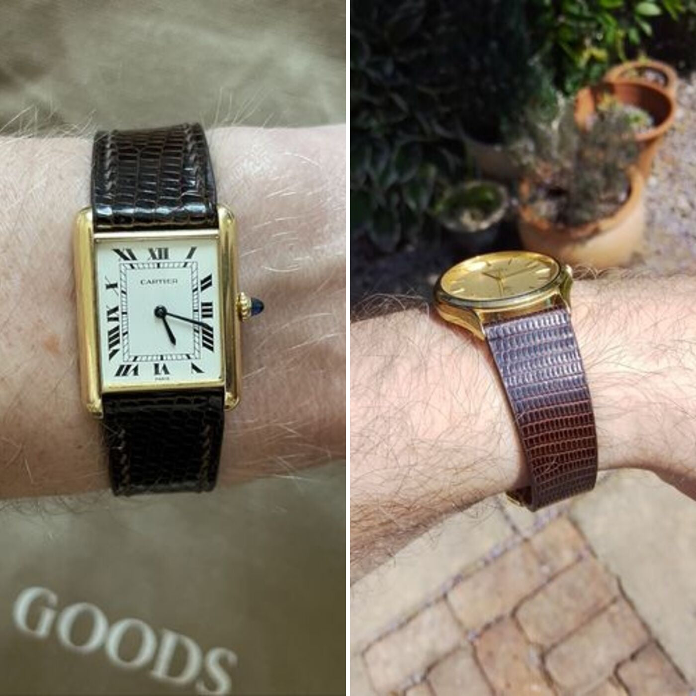 Dark brown lizard leather watch straps fitted to rectangular Cartier and round vintage watches in natural light.