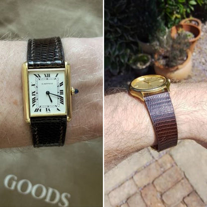 Dark brown lizard leather watch straps fitted to rectangular Cartier and round vintage watches in natural light.