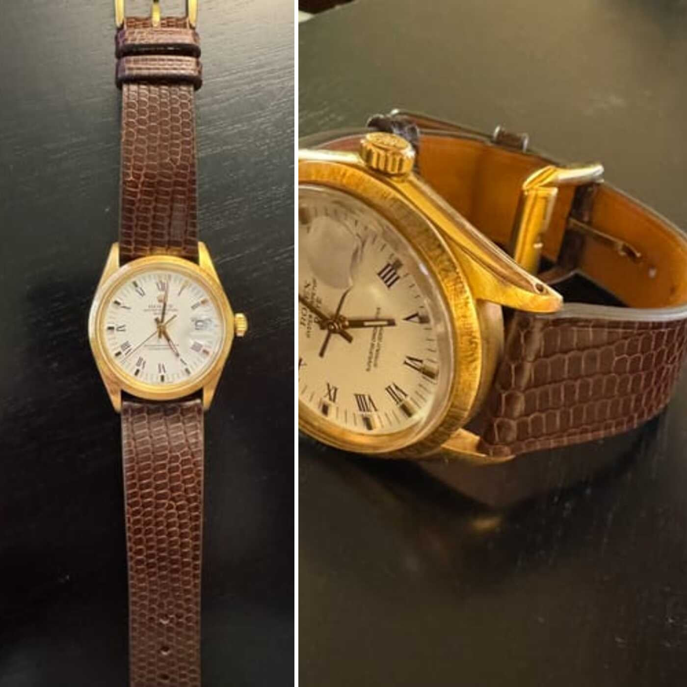 Dark brown lizard leather watch strap fitted to a gold dress watch, showing full length, lizard grain, tan lining and curved construction.
