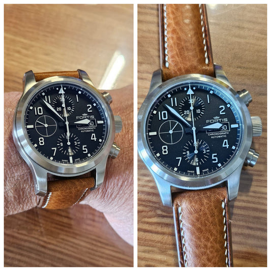 Brown Minerva Box leather watch strap fitted to a Fortis chronograph, shown on the wrist and laid flat to highlight grain and white stitching.