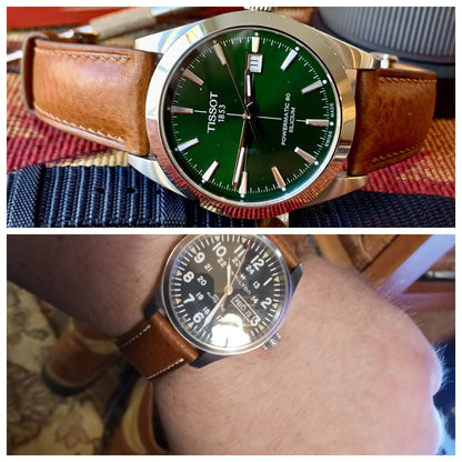 Brown Minerva Box leather watch straps fitted to Tissot and Hamilton watches, showing leather grain, white stitching and wrist fit.
