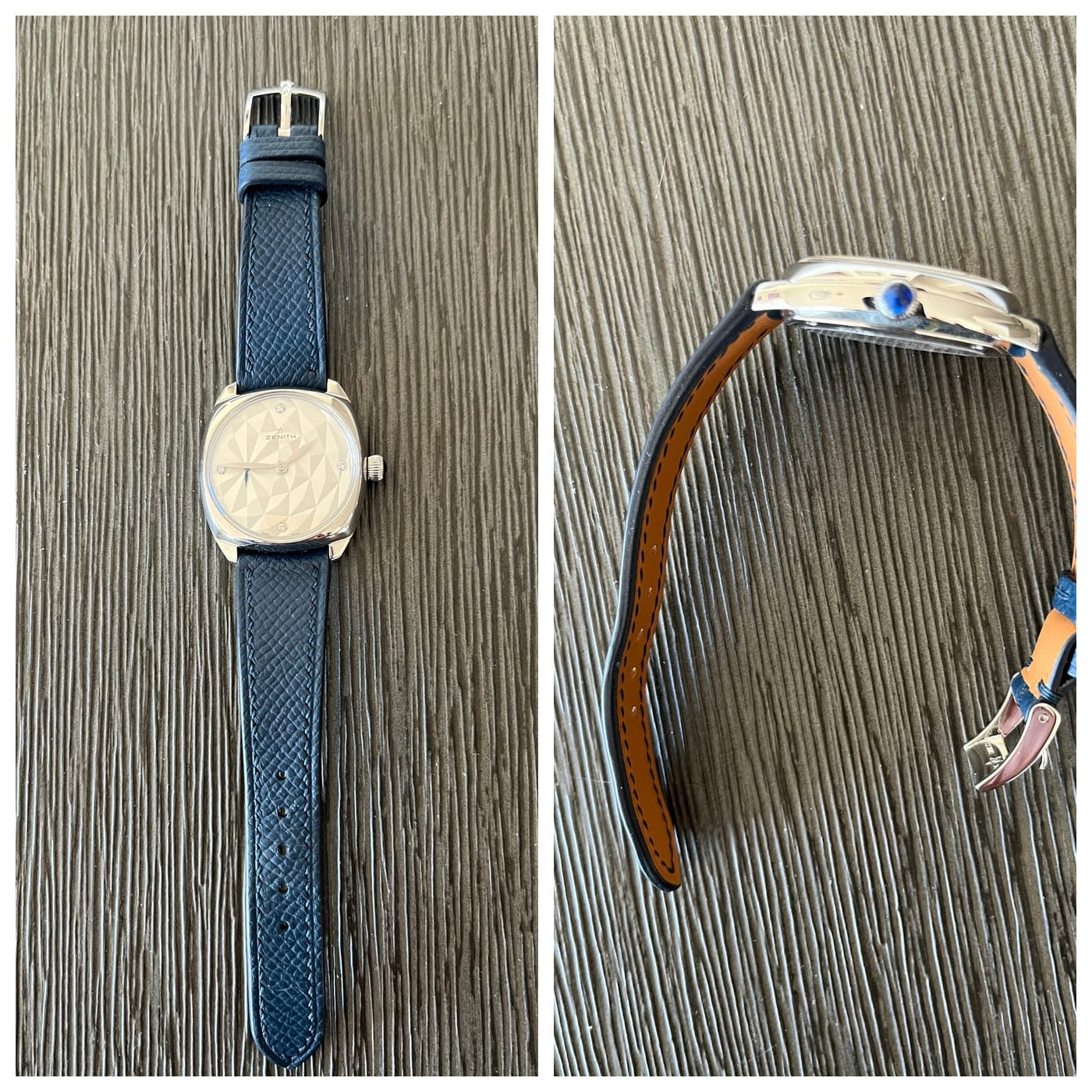 Navy Epsom leather watch strap showing embossed grain, full length, buckle and tan lining.