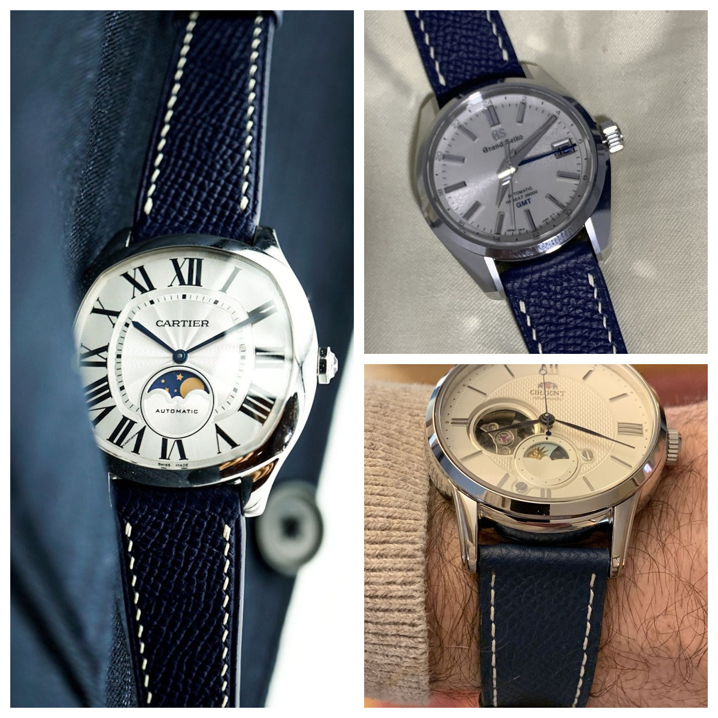 Navy Epsom leather watch strap fitted to Cartier, Grand Seiko and Orient watches.