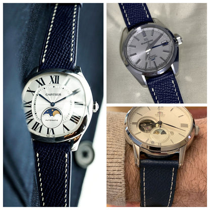 Navy Epsom leather watch strap fitted to Cartier, Grand Seiko and Orient watches.
