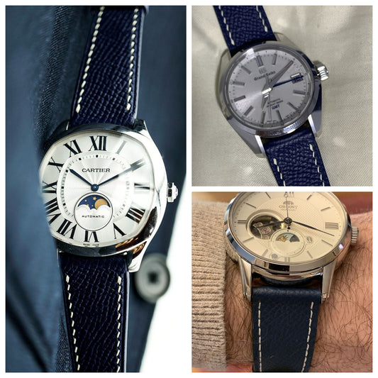 Navy Epsom leather watch strap fitted to Cartier, Grand Seiko and Orient watches.