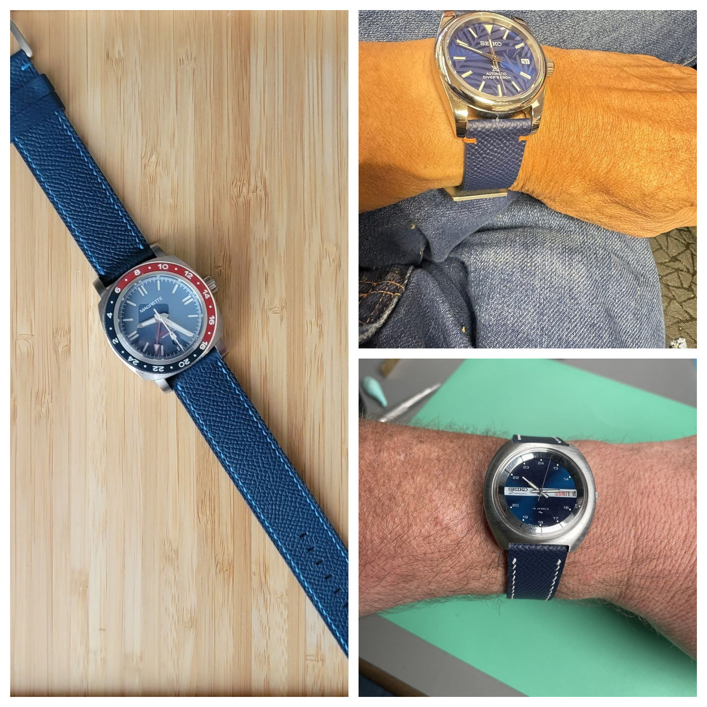 Navy Epsom leather watch strap shown with Magrette and Seiko watches on and off the wrist.