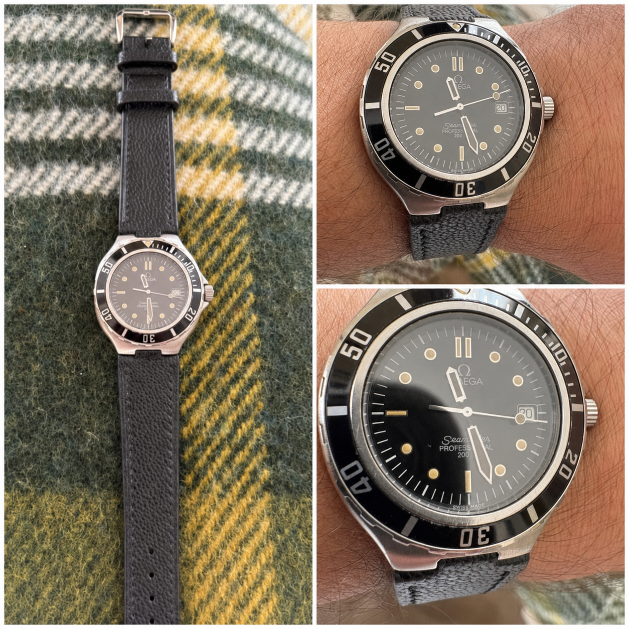 Three customer views of a vintage Omega Seamaster fitted with a custom black corner-notched leather strap by VGreen
