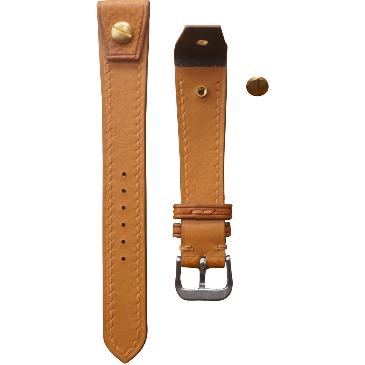 Tan leather watch strap, open-ended design with brass screw, silver buckle, and matching stitching, flat lay.