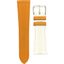 Load image into Gallery viewer, Orange and white Swift leather watch strap with white stitching and silver buckle, flat lay.
