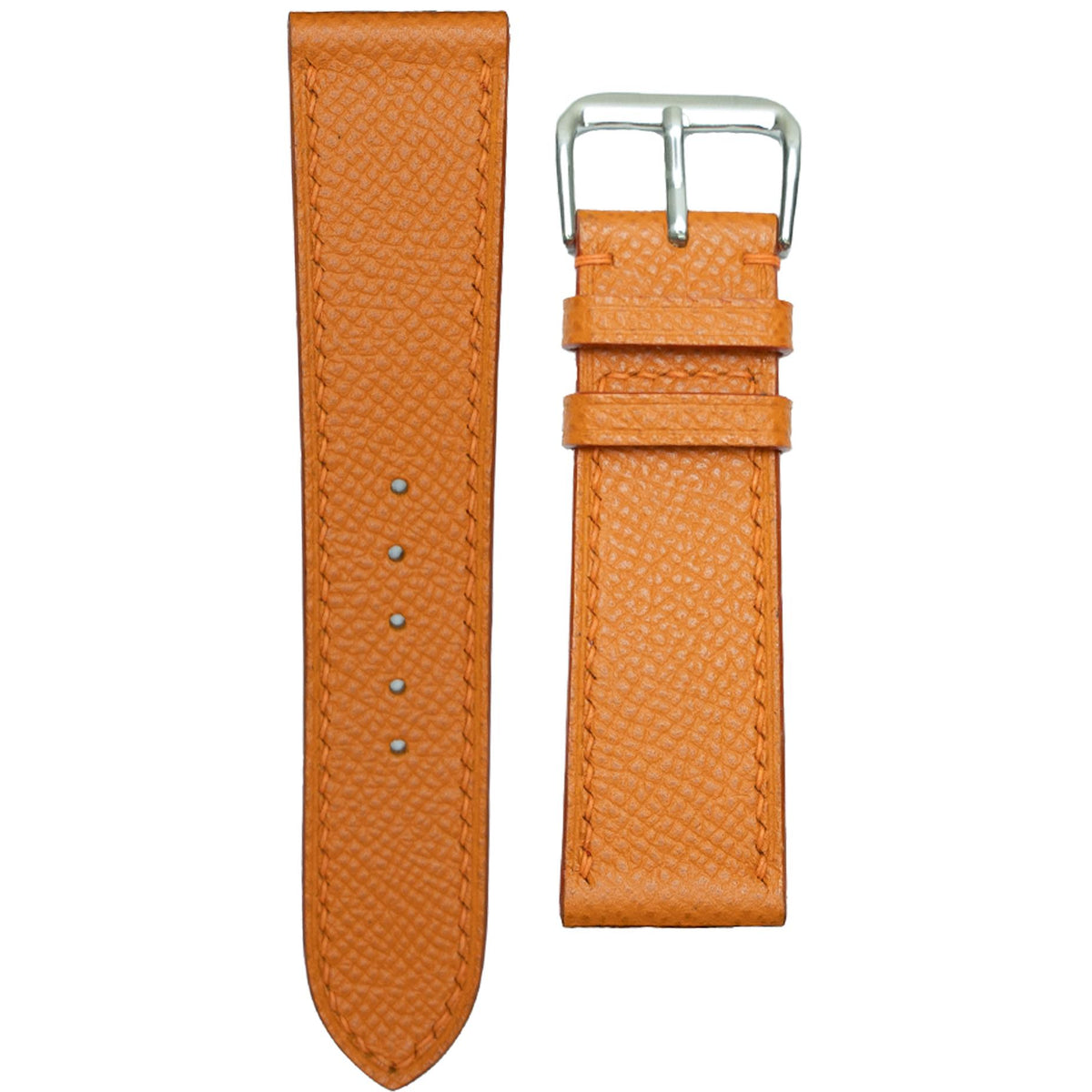 Orange Epsom leather watch strap with matching stitching and a silver buckle, flat lay.
