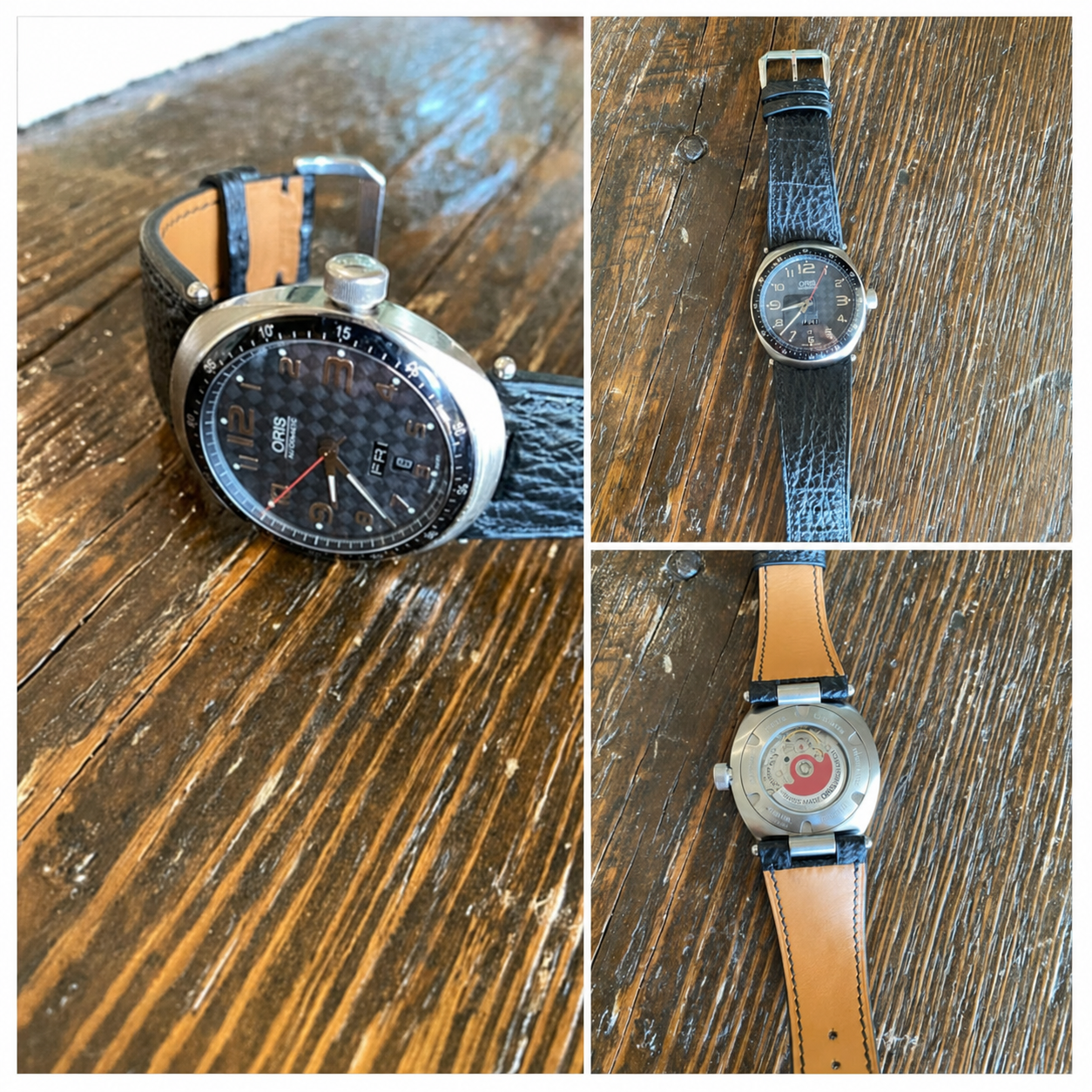 Three customer views showing a custom centre-notched leather strap fitted to an Oris TT3