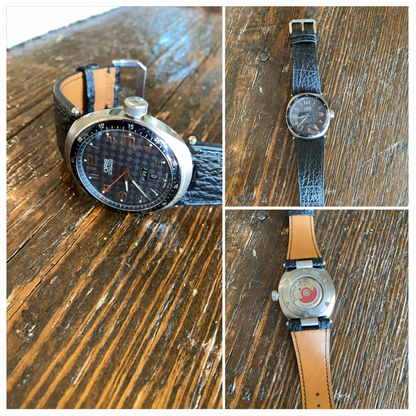 Three customer views showing a custom centre-notched leather strap fitted to an Oris TT3