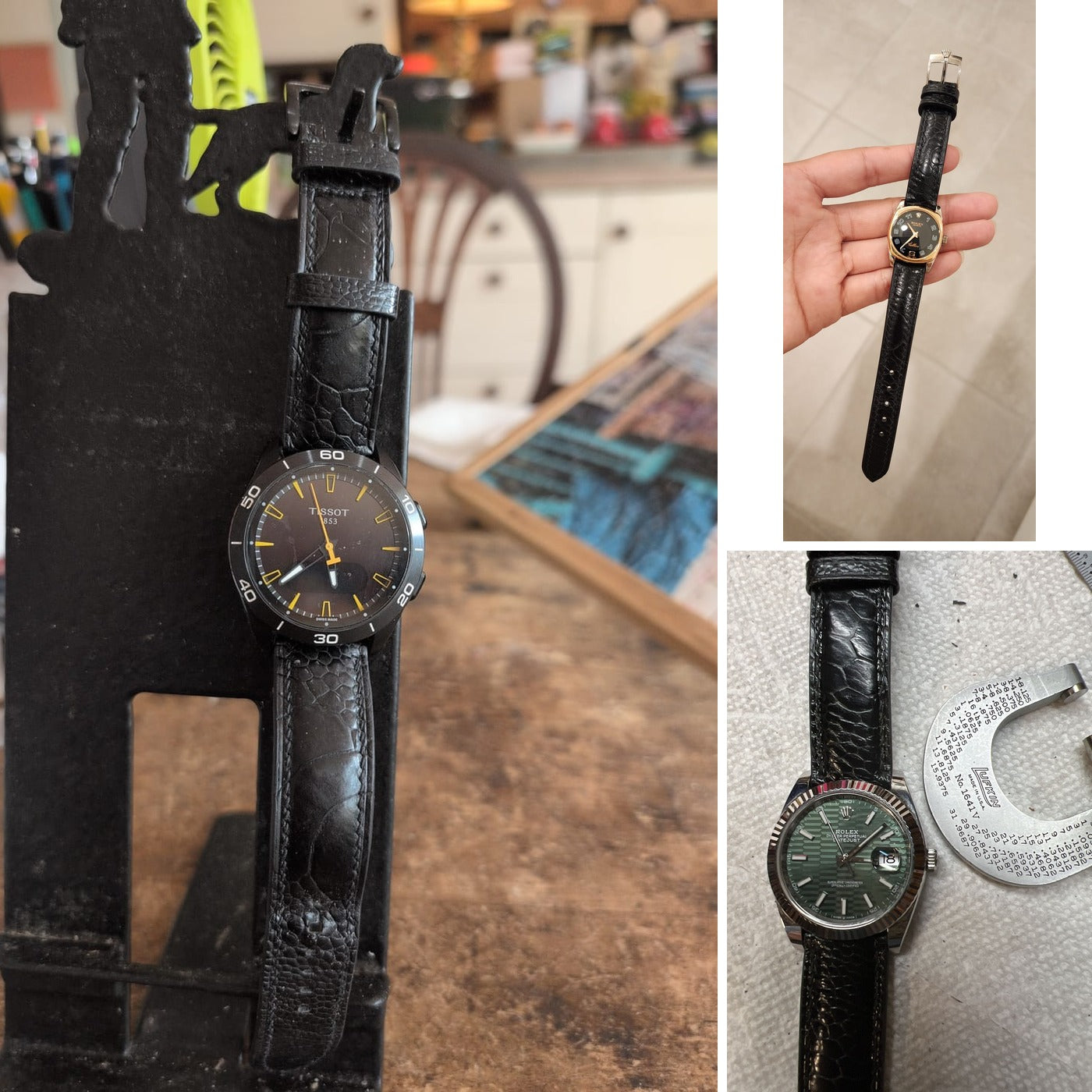 Three customer watches fitted with black ostrich leg leather straps, showing full length, grain and real-world fit.