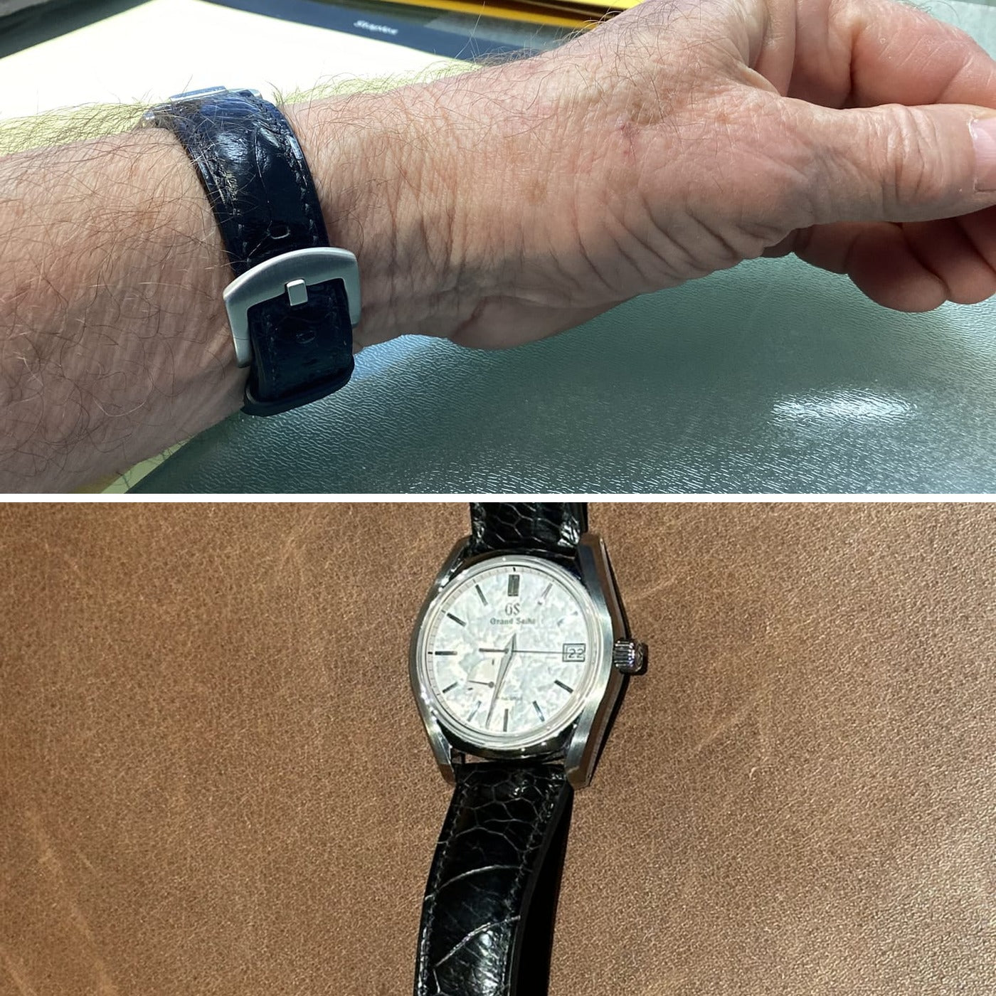 Black ostrich leg leather watch strap on customer watches, showing buckle fit and Grand Seiko pairing.