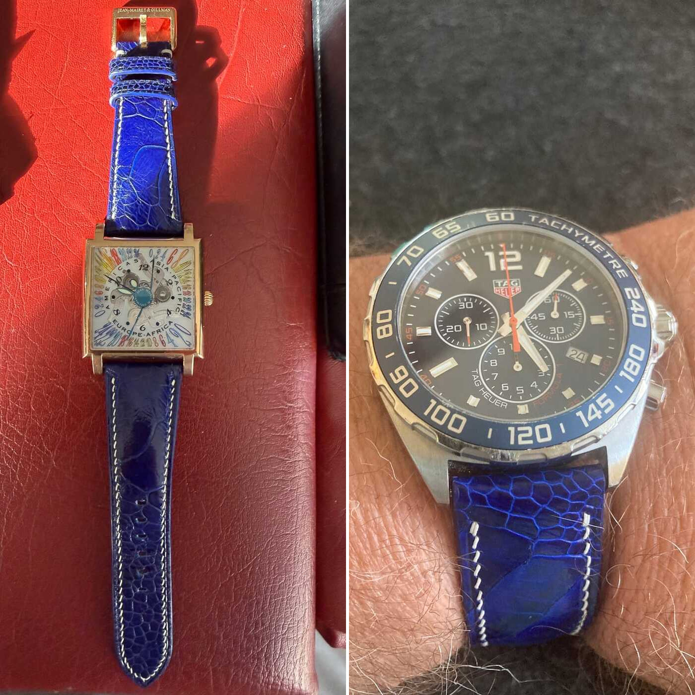 Blue ostrich leg leather watch strap fitted to rectangular and chronograph watches