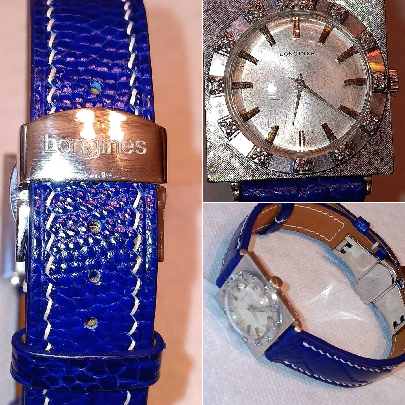 Blue ostrich leg leather watch strap showing grain, white stitching and deployant clasp