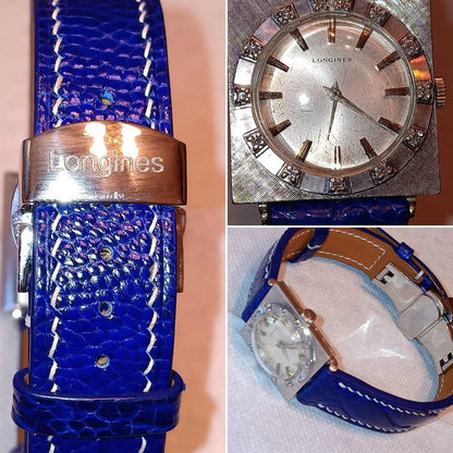 Blue ostrich leg leather watch strap showing grain, white stitching and deployant clasp