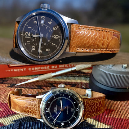Customer photos showing the light brown ostrich leg leather watch strap on Hamilton and Mido watches