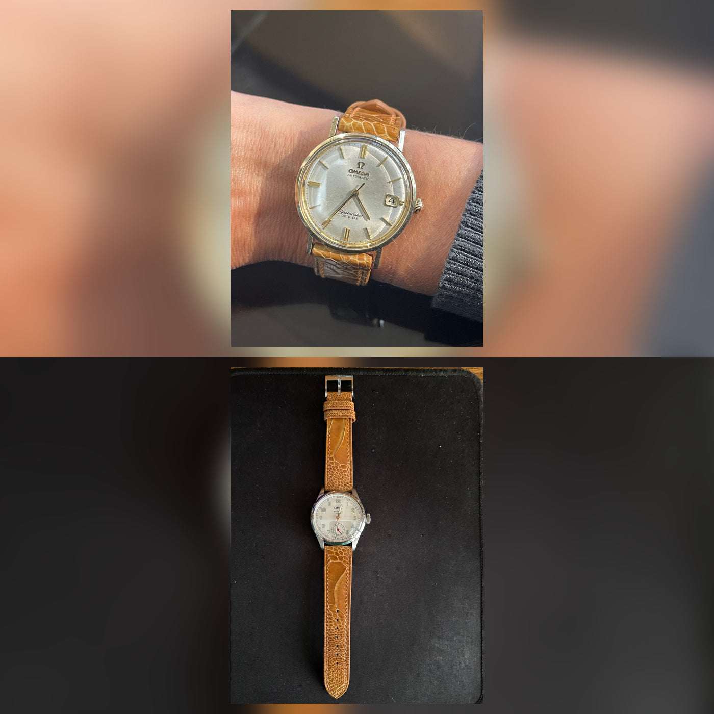 Customer photos showing the light brown ostrich leg leather watch strap on an Omega watch and laid flat