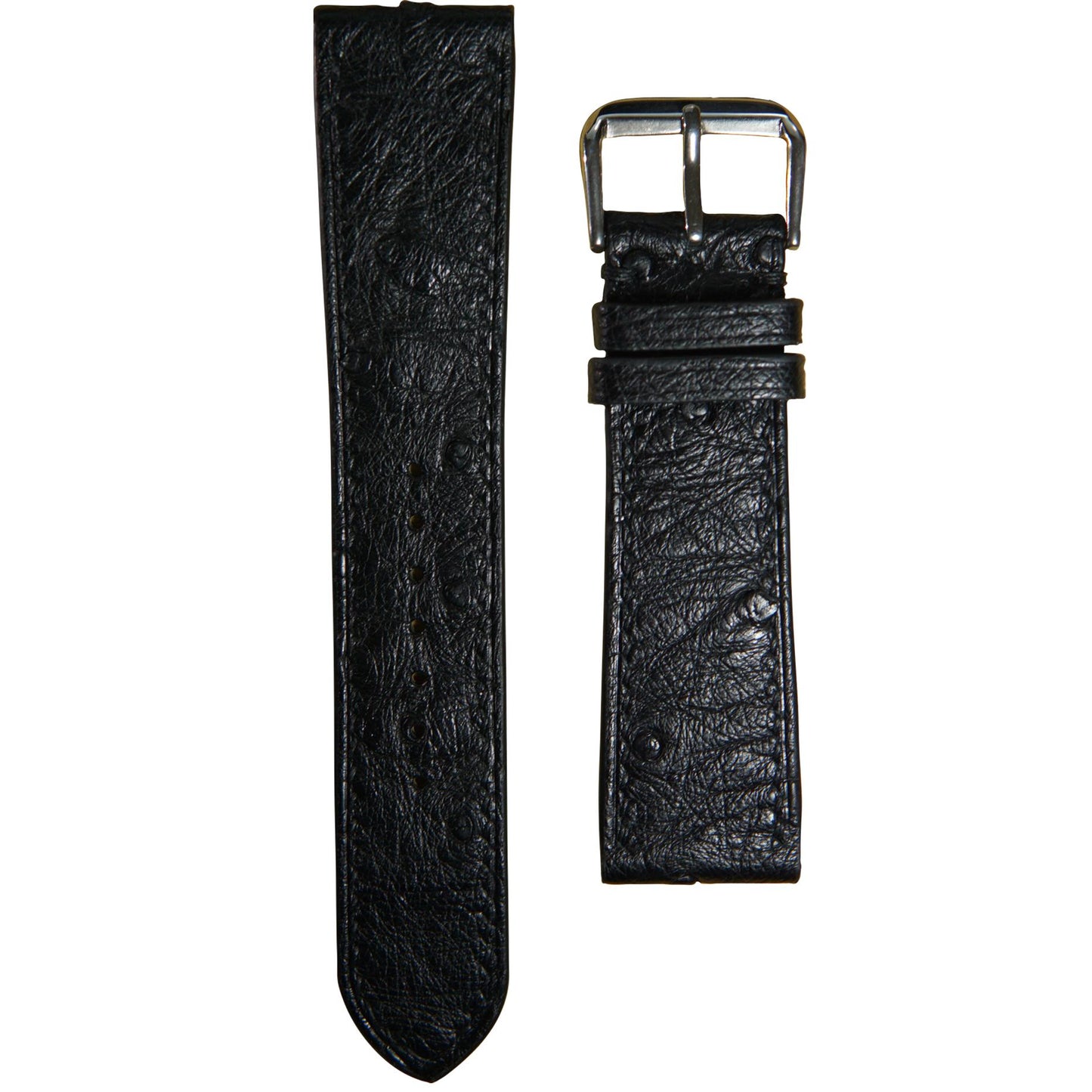 Black ostrich leather watch strap with silver buckle, flat lay.
