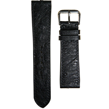 Black ostrich leather watch strap with silver buckle, flat lay.