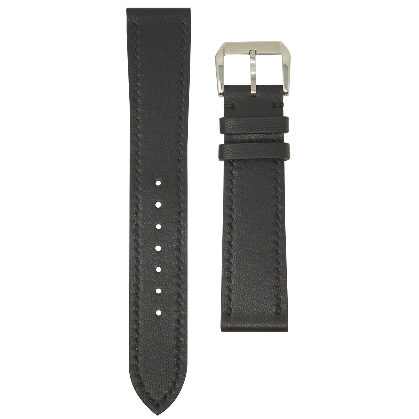 Black vegan leather watch strap with matching stitching and a silver buckle, flat lay.