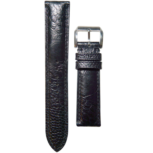 Black ostrich leg leather watch strap with silver buckle, flat lay.