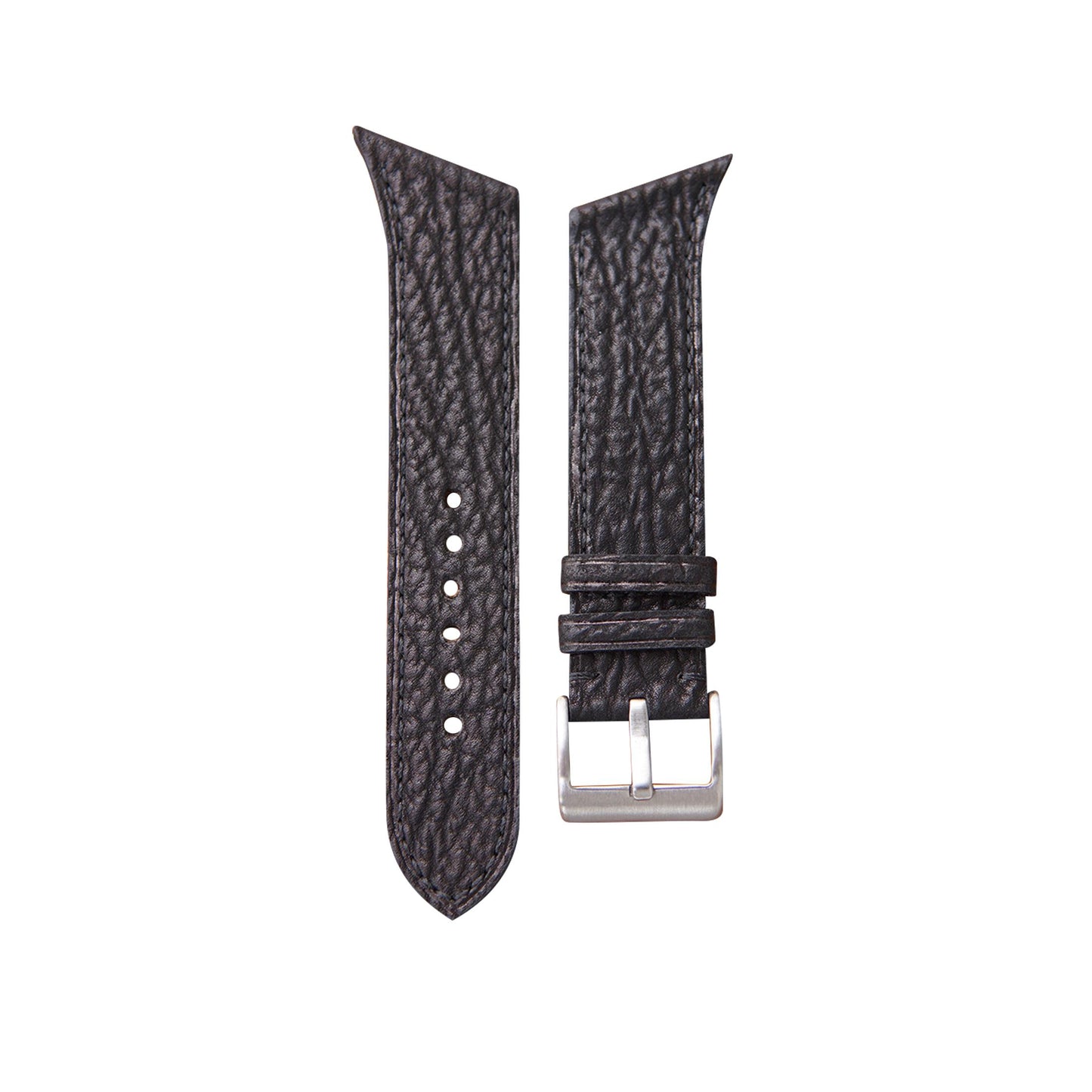 Hamilton Ventura XXL custom dark brown shark leather watch strap with matching stitching and silver buckle, flat lay.