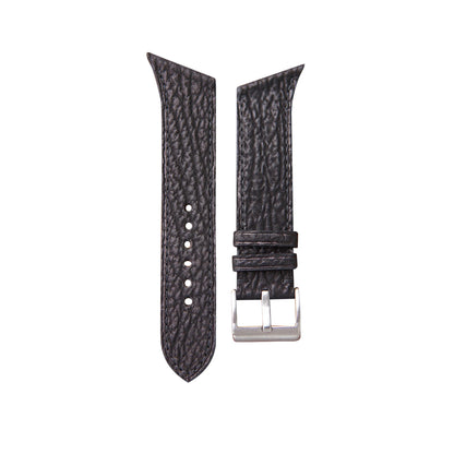 Hamilton Ventura XXL custom dark brown shark leather watch strap with matching stitching and silver buckle, flat lay.