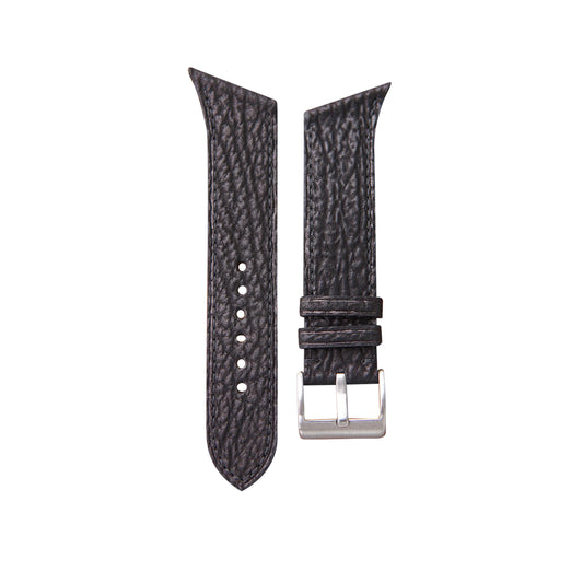 Hamilton Ventura XXL custom dark brown shark leather watch strap with matching stitching and silver buckle, flat lay.