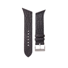 Load image into Gallery viewer, Hamilton Ventura XXL custom dark brown shark leather watch strap with matching stitching and silver buckle, flat lay.
