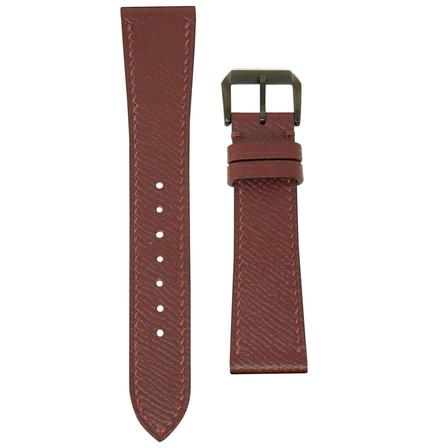 Burgundy Epsom leather watch strap with matching stitching and a dark buckle, flat lay.